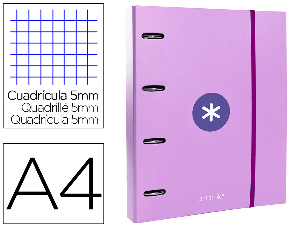 CLASSEUR ANTARTIK 4 ANNEAUX RONDS 40MM A4 CARTON REMBORD FEUILLETS MOBILES Q5X5 COLORISLAVANDE