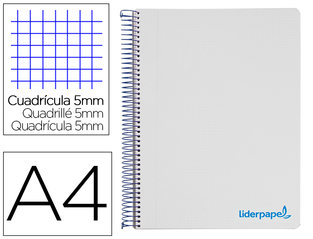 CAHIER SPIRALE LIDERPAPEL A4 MICRO WONDER 240 PAGES 90G    5X5MM 4 TROUS 5 BANDES        COULEURS GRIS