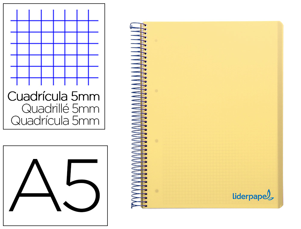 CAHIER SPIRALE LIDERPAPEL A5 MICRO WONDER 240 PAGES 90G    5X5MM 6 TROUS 5 BANDES        COULEURS JAUNE