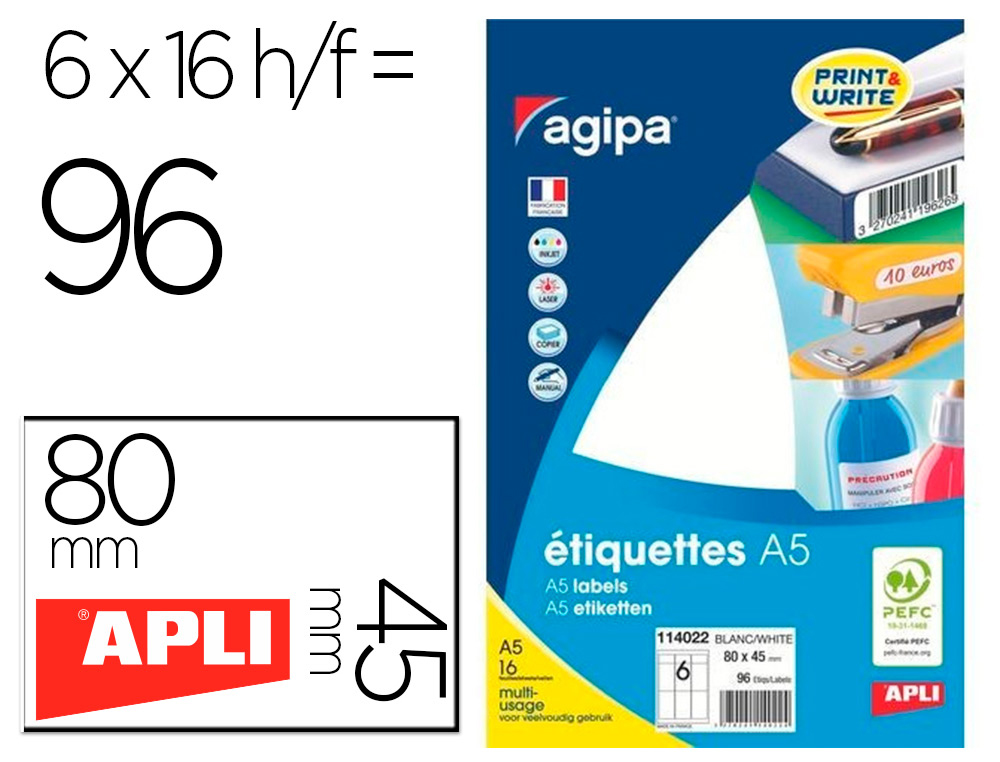 TIQUETTE ADHSIVE APLI AGIPA 80X45MM MULTIUSAGE TUI A5    96U