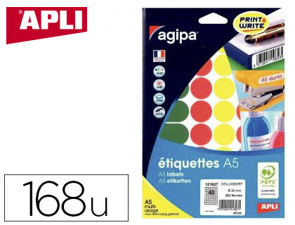 PASTILLE ADHSIVE APLI AGIPA DIAMTRE 30MM COLORIS ASSORTIS POCHETTE 168 UNITS