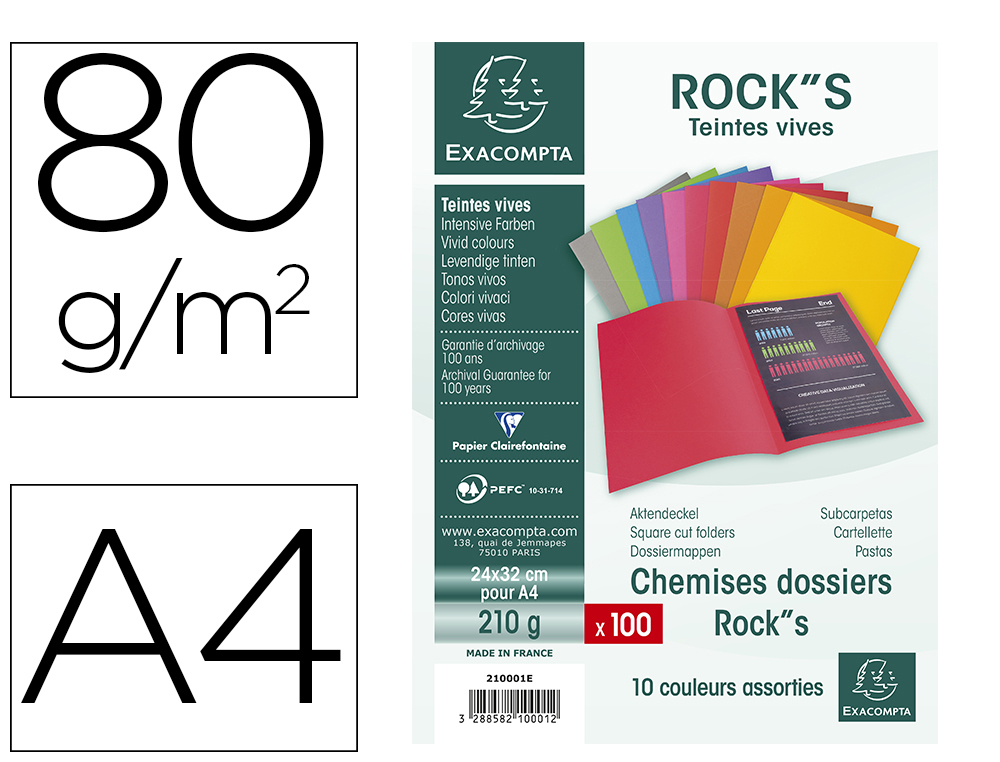 CHEMISE EXACOMPTA ROCK BAHIA 220 CARTE RIGIDE 240X320MM     210G COLORIS ASSORTIS LOT 100 UNITS