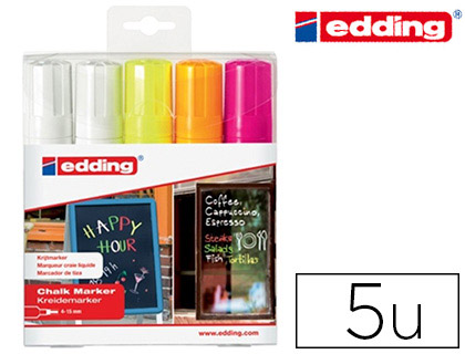 MARQUEUR EDDING CRAIE LIQUIDE E4090 FENTRE ARDOISE VERRE POINTE BISEAUTE TRAC 4/15MM ASSORTIS FLUOR POCHETTE 5 UNITS