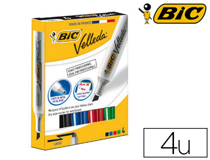 MARQUEUR BIC VELLEDA 1781 EFFAABLE POINTE BISEAUTE 2MM CRITURE 3/5MM ENCRE CTONE CORPS MTAL COLORIS ASSORTIS 4U