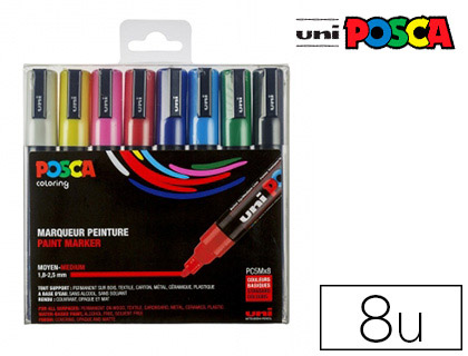 MARQUEUR POSCA PC5M GOUACHE ENCRE INODORE TOUTES SURFACES POINTE MOYENNE CONIQUE COLORIS ASSORTIS TUI 8 UNITS