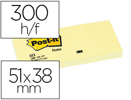 BLOC-NOTES POST-IT 653 51X38MM 100F/BLOC REPOSITIONNABLES COLORIS JAUNE TUI 3 BLOCS