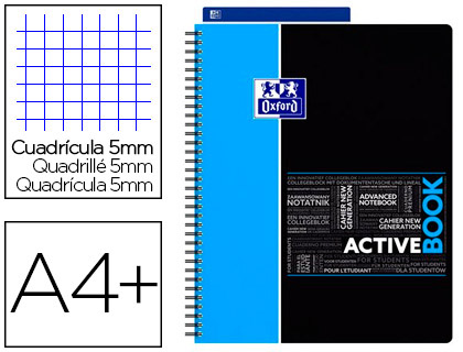 CAHIER OXFORD ACTIVEBOOK RELIURE INTGRALE A4+ 24X32CM 160 PAGES 90G PERFOR QUADRILLAGE 5MM MARQUE-PAGE AMOVIBLE