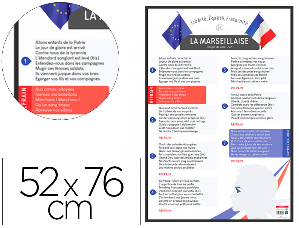 POSTER PEDAGOGIQUE LA MARSEILLAISE INSTITUTIONNELLE BOUCHUT GRANDREMY PELLICULE   EFFACABLE A SEC 52X76CM