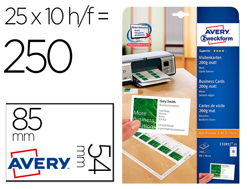 CARTE DE VISITE AVERY SUPERIEURE JET ENCRE ET LASER 200G LOT 250 CARTES