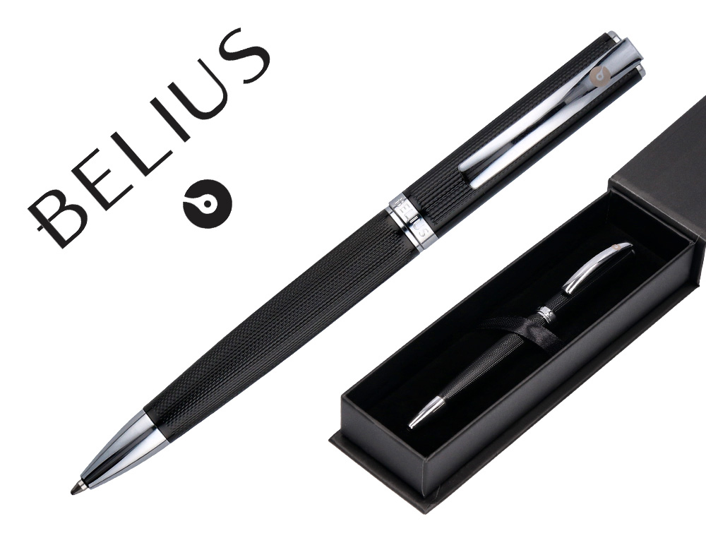 STYLO-BILLE BELIUS TURBO ALUMINIUM TEXTURE POINTILLEE ATTRIBUTS ARGENT ENCRE BLEUE COLORIS NOIR DANS COFFRET CADEAU