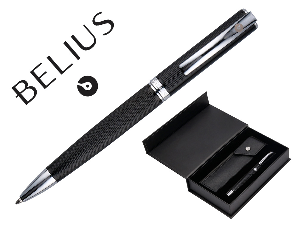 STYLO-BILLE ETUI SIMILI CUIR BELIUS TURBO ALUM. TEXTURE POINTILLEE ATTRIBUTS ARGENT ENCRE BLEUE COL. NOIR COFFRET CADEAU