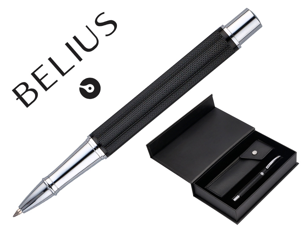 ROLLER ET ETUI SIMILI CUIR BELIUS TURBO ALUM. TEXTURE POINTILLEE ATTRIBUTS ARGENT ENCRE BLEUE COL. NOIR COFFRET CADEAU