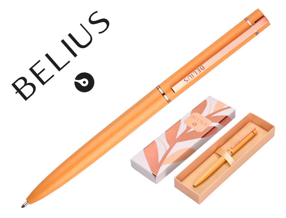 STYLO-BILLE BELIUS ROSE ALUMINIUM DETAILS ET ATTRIBUTS OR ROSE ENCRE BLEUE COLORIS ORANGE DANS COFFRET CADEAU
