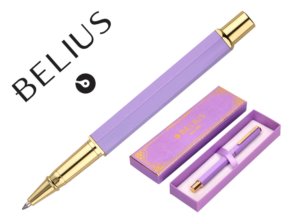 STYLO-BILLE BELIUS MACARON BLISS HEXAGONAL ALUMINIUM DETAILS ET ATTRIBUTS OR ENCRE BLEUE COLORIS MAUVE COFFRET CADEAU