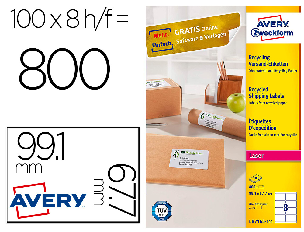 ETIQUETTE AUTOCOLLANTE AVERY ADRESSE RECYCLEE LASER BLANC  99,1 X 67,7 MM BOITE DE 800