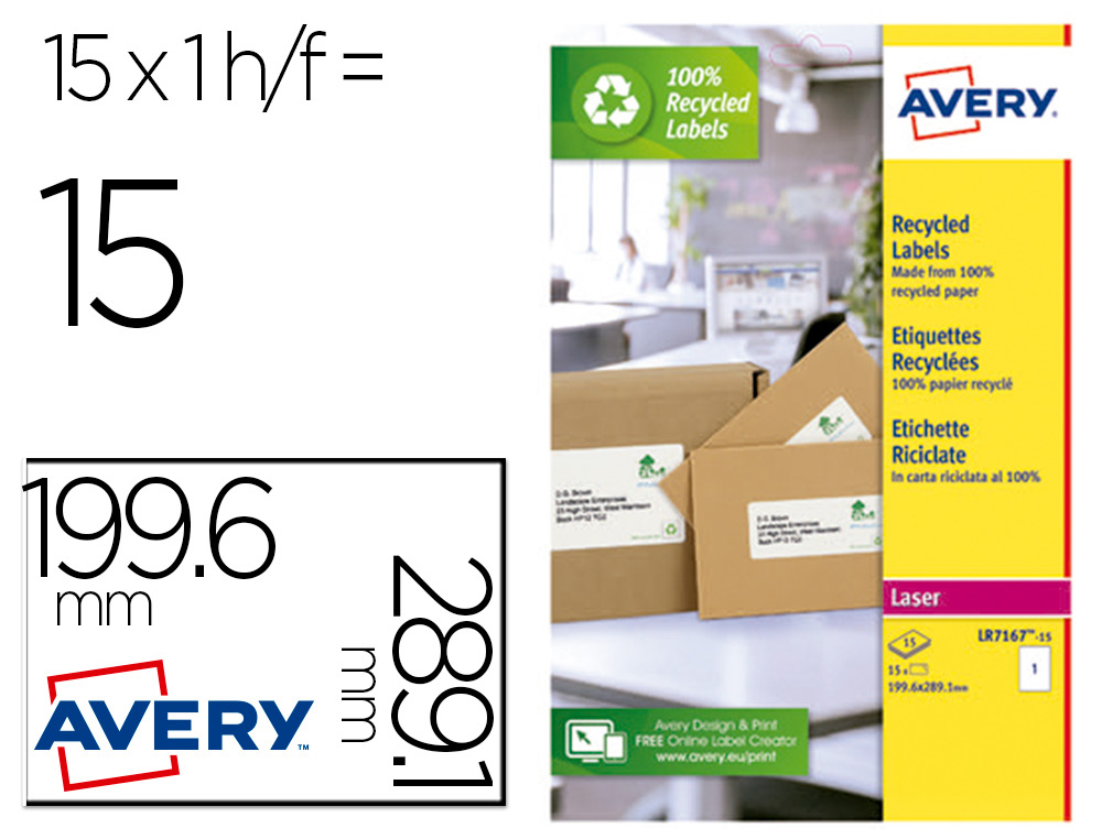 ETIQUETTE AUTOCOLLANTE AVERY ADRESSE RECYCLEE LASER BLANC  199,6 X 289,1 MM BOITE DE 100