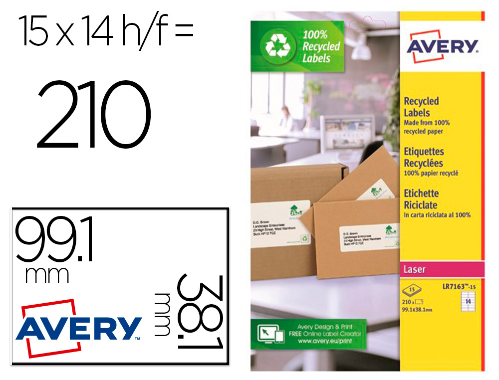 ETIQUETTE AUTOCOLLANTE AVERY ADRESSE RECYCLEE LASER BLANC  99,1 X 38,1MM BOITE DE 210