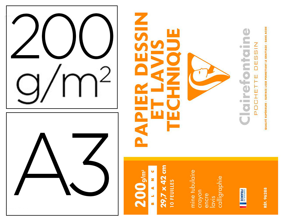 POCHETTE DESSIN ET LAVIS CLAIREFONTAINE PAPIER 200G    SURFACE LISSE FORMAT . FORMAT A3 29,7 X 42CM 10 FEUILLES