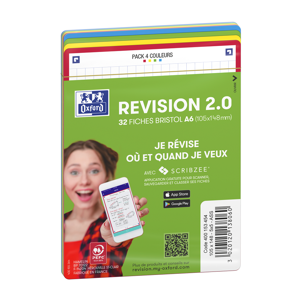 FICHES BRISTOL OXFORD REVISION 2.0 A6 NON PERFOREE  32 FICHES/FILM Q5X5 COULEURS  ASSORTIES