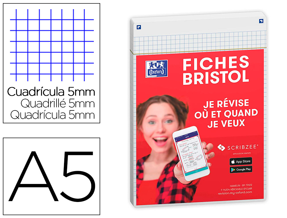 FICHES BRISTOL OXFORD REVISION 2.0 A5 PERFOREE 32   FICHES/FILM  Q5X5 CADRE BLANC