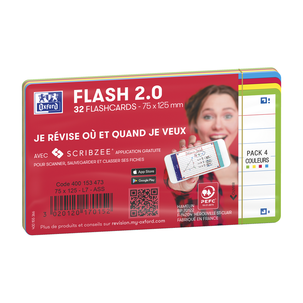FICHES BRISTOL OXFORD FLASH 2.0 75X125MM 32 FICHES/FILM   L7MM COULEUR ASSORTIES