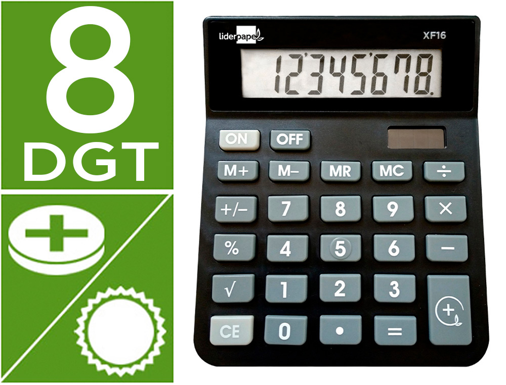 CALCULATRICE DE BUREAU LIDERPAPEL XF16 8 CHIFFRES    SOLAIRE ET PILES 127X105X24   MM COLORIS NOIR