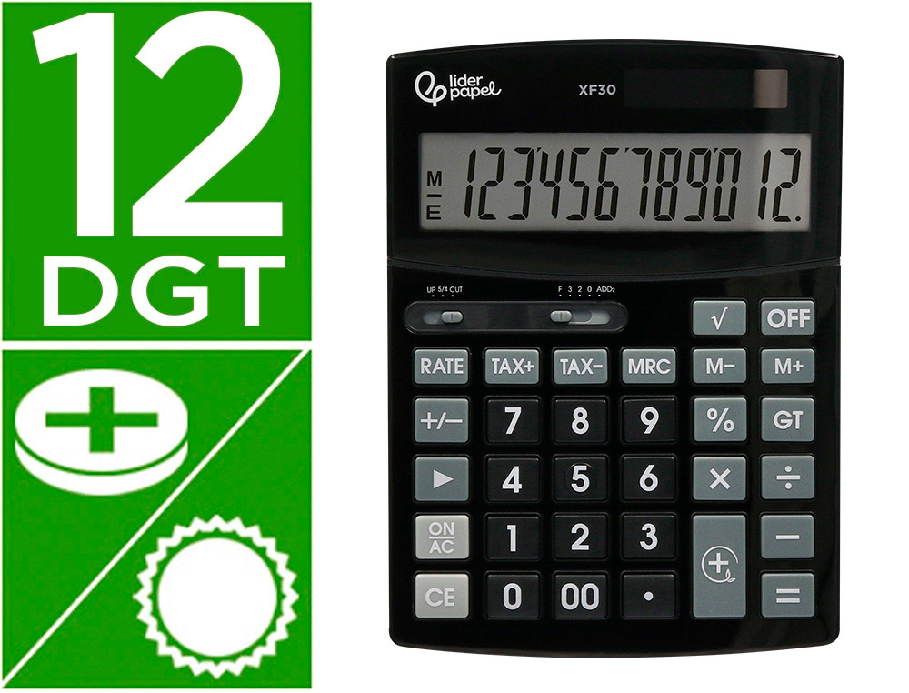 CALCULATRICE DE BUREAU LIDERPAPEL XF30 12 CHIFFRES   CORRECT AUTO-REPLAY SOLAIRE   ET PILES COLORIS NOIR