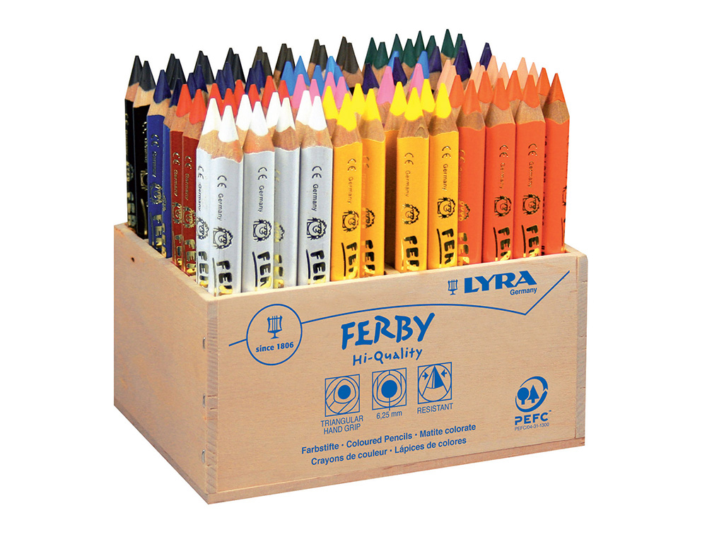 CRAYON COULEUR LYRA FERBY TRIANGULAIRE 120MM EXTRMIT FERME USAGE CONOME MINE 6.25MM DIAMTRE COFFRET SCOLAIRE 96U