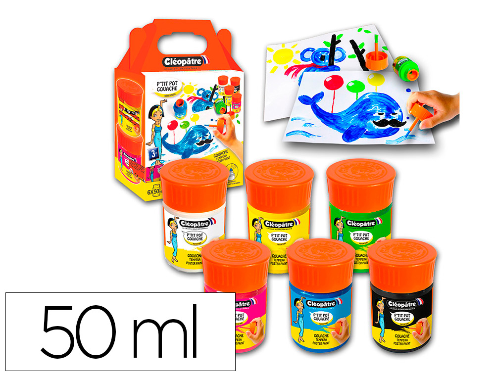 GOUACHE CLEOPATRE LOT DE 6 PTIT POTS DE 50 ML AVEC       PINCEAU ET ENTONNOIR INT GR   COLORIS ASSORTIS