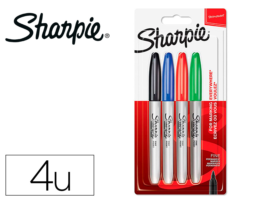 MARQUEUR PERMANENT SHARPIE POINTE FINE 0,9MM ENCRES      ASSORTIES STANDARD BLISTER 4  COULEURS