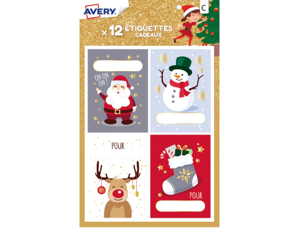 ETIQUETTES CADEAUX AVERY NOEL BONHOMME DE NEIGE ET PERE     NOEL POCHETTE DE 12