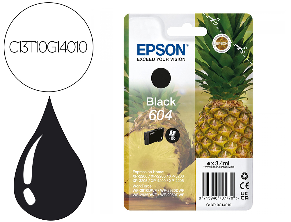 CARTOUCHE EPSON JET D'ENCRE ANANAS 604 3,4 ML 150P COULEUR NOIR