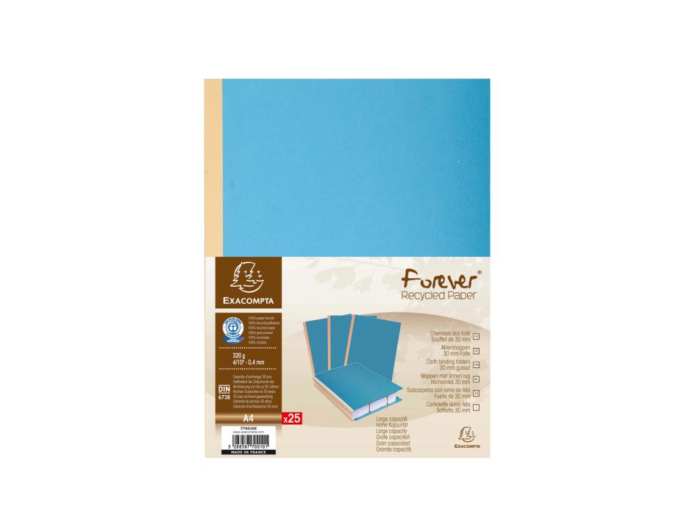 CHEMISE EXACOMPTA CARTE 240X320MM 320G DOCUMENTS A4 210X297MM SOUFFLET DOS TOILE 30MM COLORIS BLEU PAQUET 25 UNITES