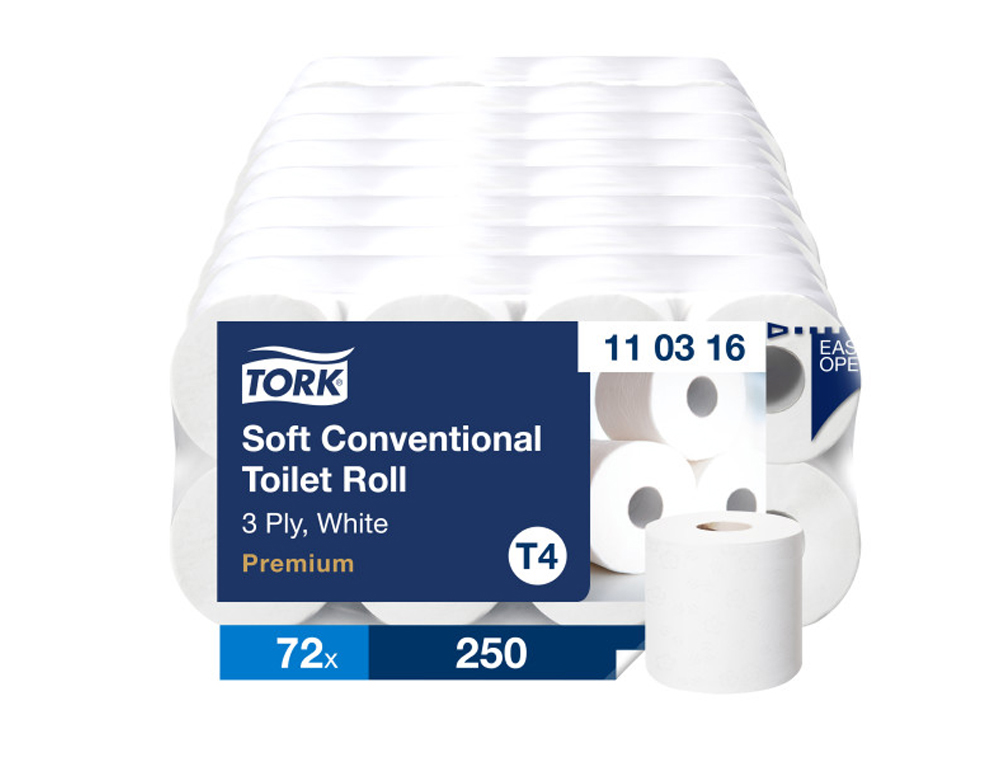 PAPIER TOILETTE TORK T4 PREMIUM ROULEAU TRADITIONNEL  DOUX 3 PLIS BLANC 9 PACKS DE 8 ROULEAUX DE 250 FEUILLES