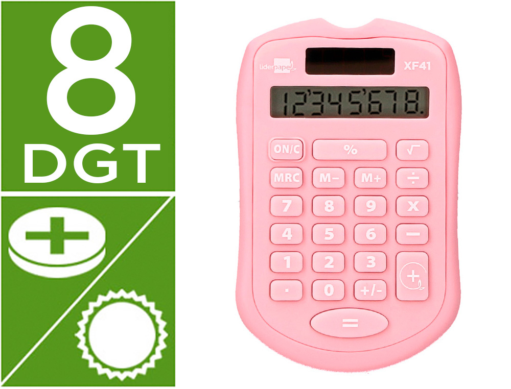 CALCULATRICE DE POCHE LIDERPAPEL XF41 8 CHIFFRES    SOLAIRE ET PILES              94X59,5X10,5MM COLORIS ROSE