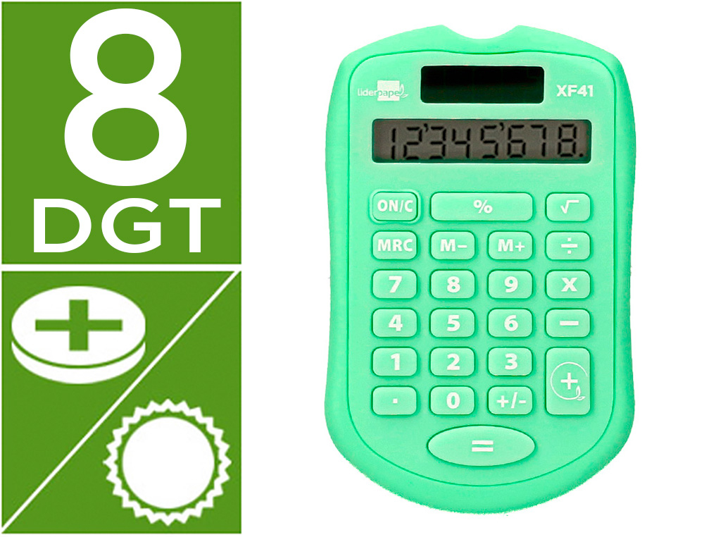 CALCULATRICE DE POCHE LIDERPAPEL XF42 8 CHIFFRES    SOLAIRE ET PILES              94X59,5X10,5MM COLORIS VERT