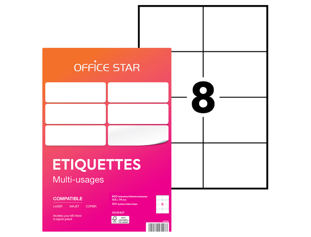 ETIQUETTE OFFICE STAR IMPRESSION LASER JET ENCRE ET COPIEUR 105X74MM COLORIS      BLANC POCHETTE 800 UNITES