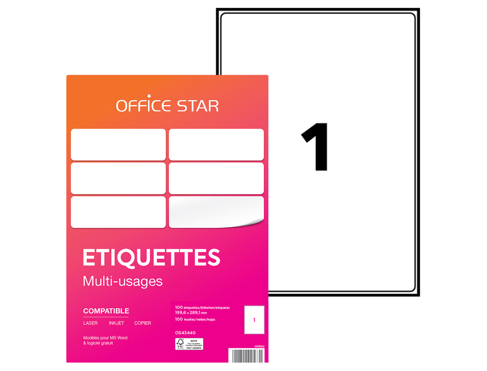 ETIQUETTE OFFICE STAR IMPRESSION LASER JET ENCRE ET COPIEUR 199,6X289,1MM COLORIS BLANC POCHETTE 100 UNITES