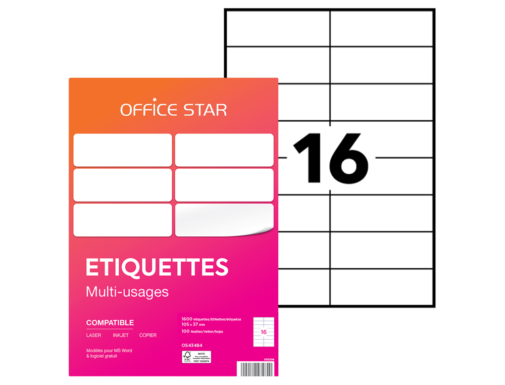 ETIQUETTE OFFICE STAR IMPRESSION LASER JET ENCRE ET COPIEUR 105X37MM COLORIS      BLANC POCHETTE 1600 UNITES