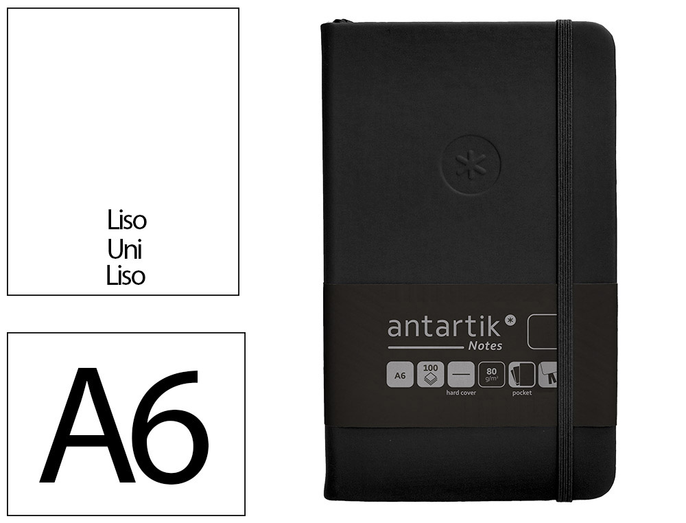 CARNET A6 ANTARTIK NOTES PAPIER UNI IVOIRE COUVERTURE  RIGIDE FERMETURE ELASTIQUE 200PAGES 80GR COLORIS NOIR