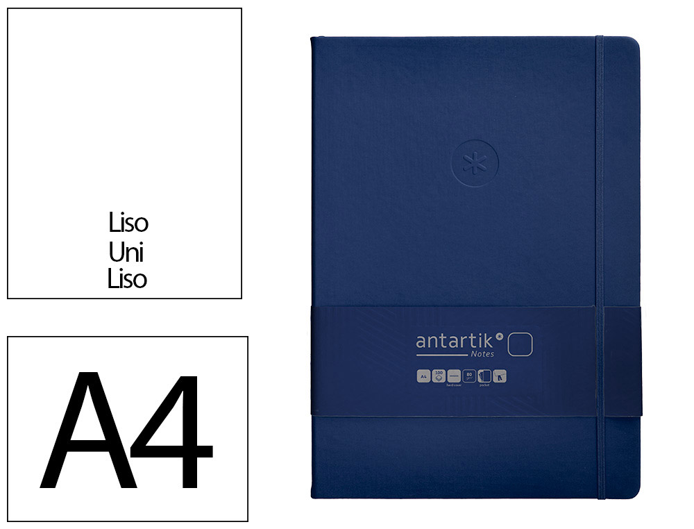 CARNET A4 ANTARTIK NOTES PAPIER UNI IVOIRE COUVERTURE  RIGIDE FERMETURE ELASTIQUE 200PAGES 80GR COLORIS BLEU MARINE