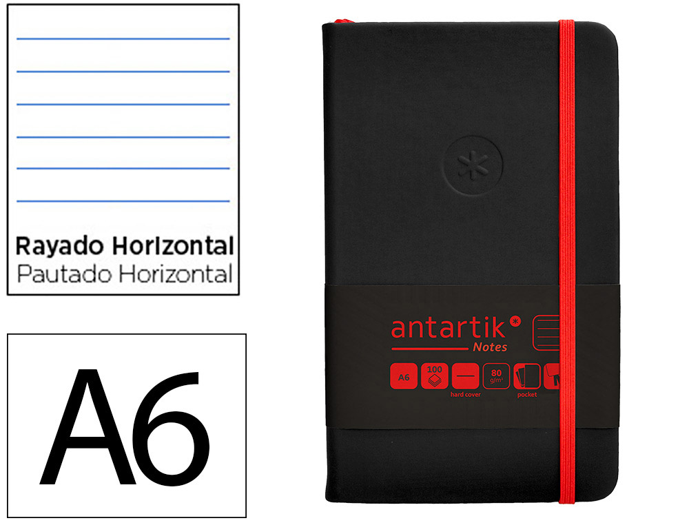 CARNET A6 ANTARTIK NOTES LIGNECOUVERTURE RIGIDE FERMETURE   ELASTIQUE ROUGE 200 PAGES 80GRCOLORIS NOIR