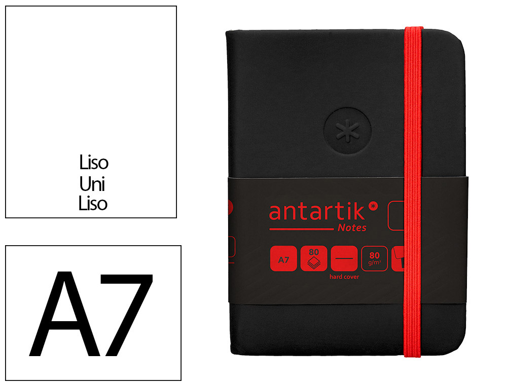 CARNET A7 ANTARTIK NOTES PAPIER UNI IVOIRE COUVERTURE RIGIDE FERMETURE ELASTIQUE ROUGE 160 PAGES 80GR COLORIS NOIR