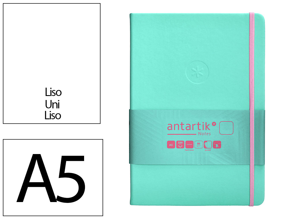 CARNET A5 ANTARTIK NOTES PAPIER UNI IVOIRE COUVERTURE RIGIDE FERMETURE ELASTIQUE ROSE 100 PAGES 80GR COLORIS TURQUOISE