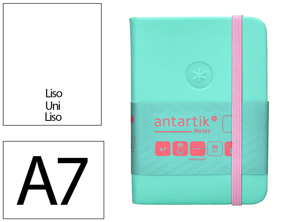 CARNET A7 ANTARTIK NOTES PAPIER UNI IVOIRE COUVERTURE RIGIDE FERMETURE ELASTIQUE ROSE 160 PAGES 80GR COLORIS TURQUOISE