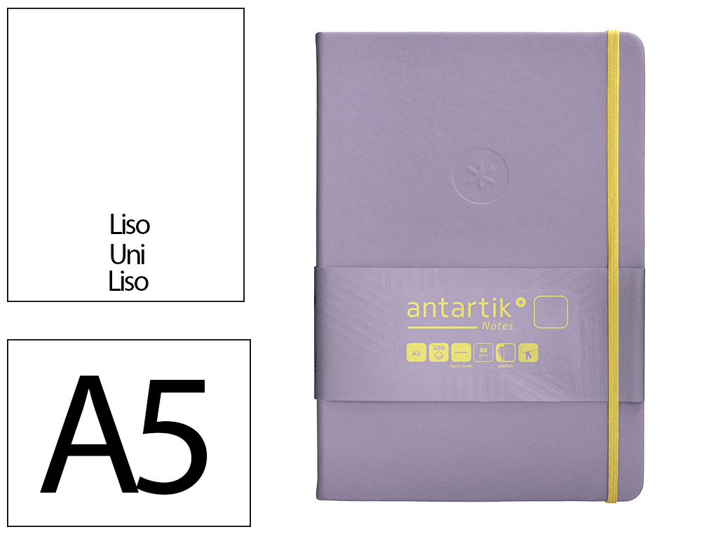 CARNET A5 ANTARTIK NOTES PAPIER UNI IVOIRE COUVERTURE RIGIDE FERMETURE ELASTIQUE JAUNE 100 PAGES 80GR COLORIS LILAS