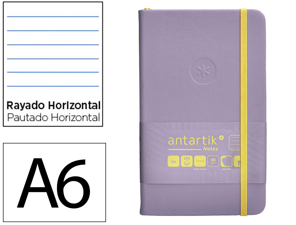 CARNET A6 ANTARTIK NOTES LIGNECOUVERTURE RIGIDE FERMETURE   ELASTIQUE JAUNE 100 PAGES 80GRCOLORIS LILAS