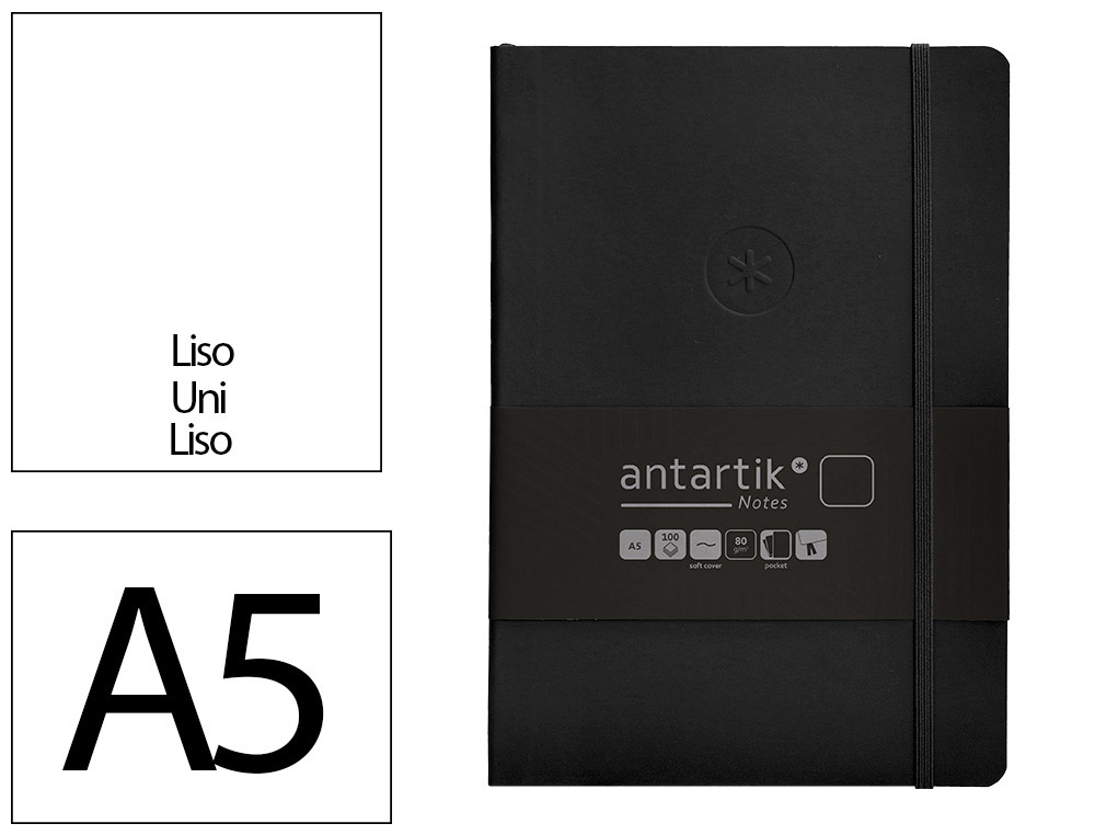 CARNET A5 ANTARTIK NOTES PAPIER UNI IVOIRE COUVERTURE  SOUPLE FERMETURE ELASTIQUE 100PAGES 80GR COLORIS NOIR