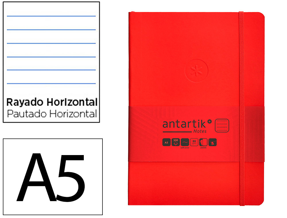 CARNET A5 ANTARTIK NOTES LIGNECOUVERTURE SOUPLE FERMETURE   ELASTIQUE 200 PAGES 80GR      COLORIS ROUGE