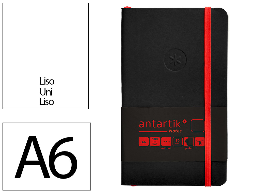 CARNET A6 ANTARTIK NOTES PAPIER UNI IVOIRE COUVERTURE SOUPLE FERMETURE ELASTIQUE ROUGE 100 PAGES 80GR COLORIS NOIR